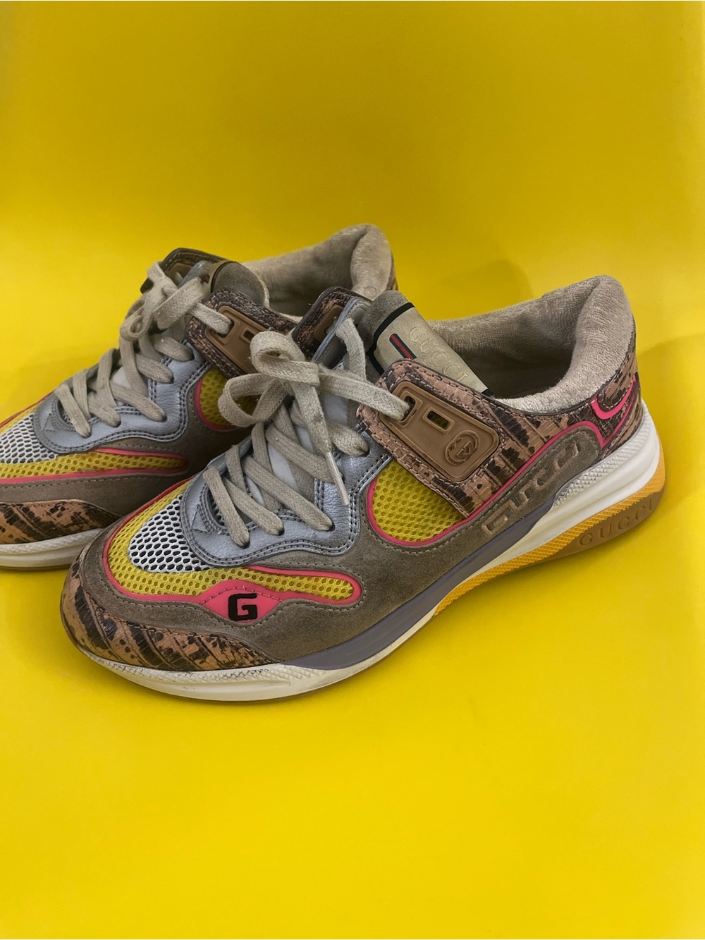 Gucci Women's Multicolor Leather & Mesh Sneakers - Gray, Yellow, Pink Accents